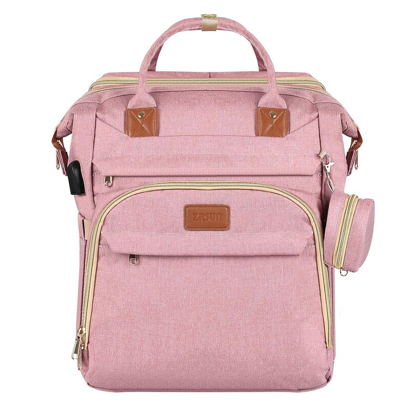 ZRSUN Baby Diaper Bag Backpack,Baby Shower Gifts, Multifunctional Travel Diaper Bag, Gifts for Mom with Portable Diaper Pad,Pink - Image 1